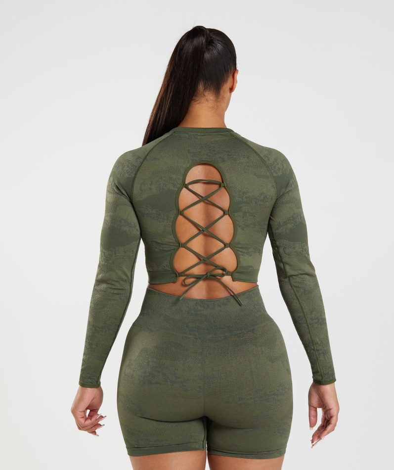 Gymshark Adapt Camo Sømløs Snøring Bak Toppen Lava-mose Oliven-kjerne Oliven