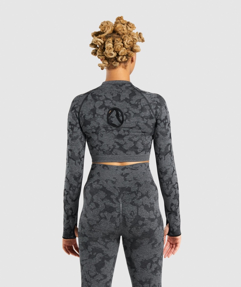 Gymshark Adapt Camo Sømløs Langermet Crop Top Svart