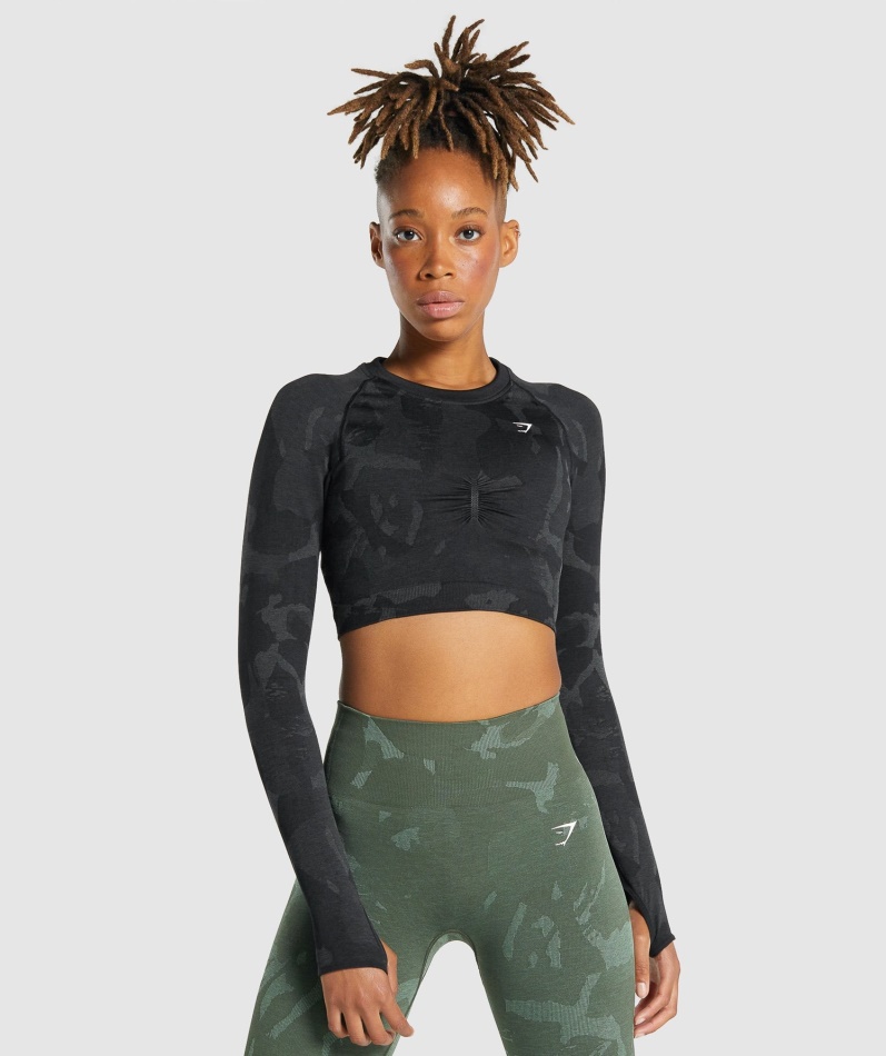 Gymshark Adapt Camo Sømløs Langermet Crop Top Savanne-svart