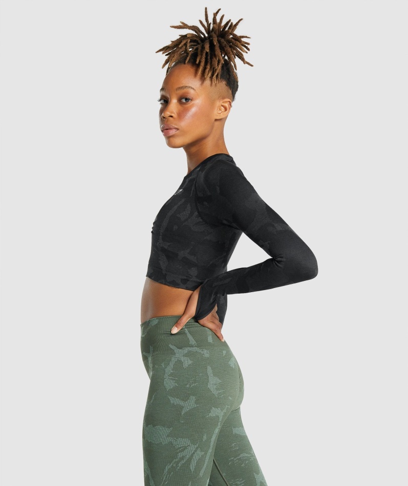 Gymshark Adapt Camo Sømløs Langermet Crop Top Savanne-svart