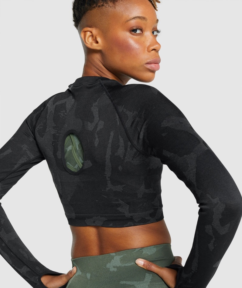 Gymshark Adapt Camo Sømløs Langermet Crop Top Savanne-svart