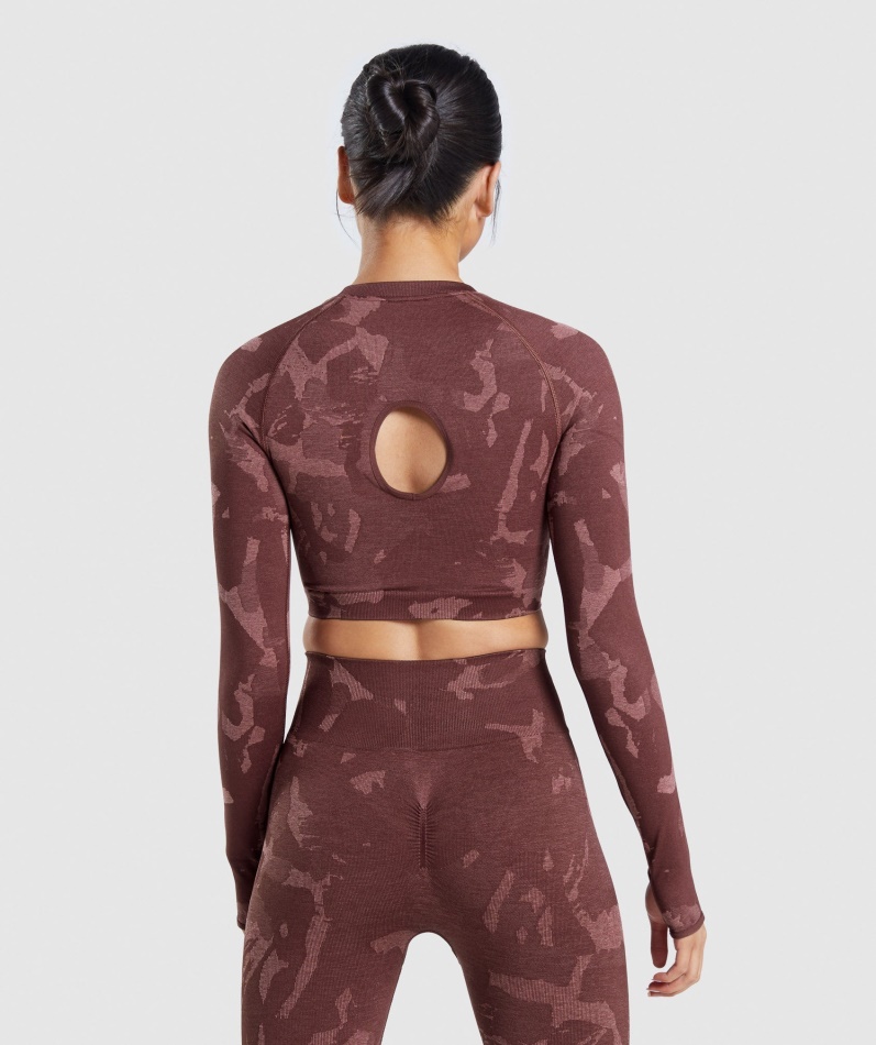 Gymshark Adapt Camo Sømløs Langermet Crop Top Savanne-kirsebærbrun