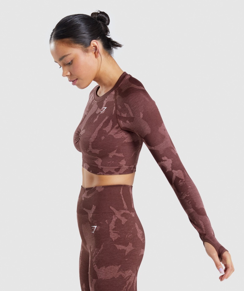 Gymshark Adapt Camo Sømløs Langermet Crop Top Savanne-kirsebærbrun