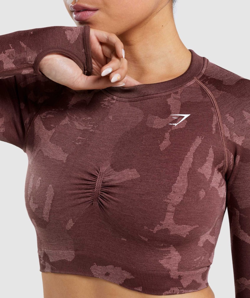Gymshark Adapt Camo Sømløs Langermet Crop Top Savanne-kirsebærbrun