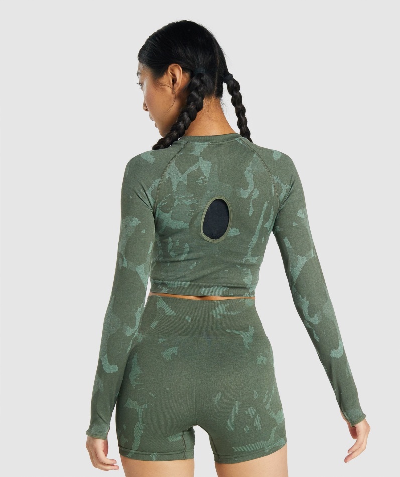 Gymshark Adapt Camo Sømløs Langermet Crop Top Savannegrønn