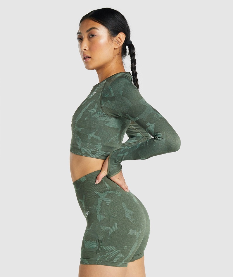 Gymshark Adapt Camo Sømløs Langermet Crop Top Savannegrønn