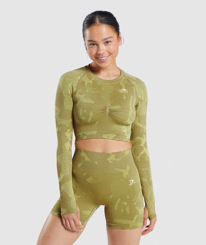 Gymshark Adapt Camo Sømløs Langermet Crop Top Savanne-griffin Green