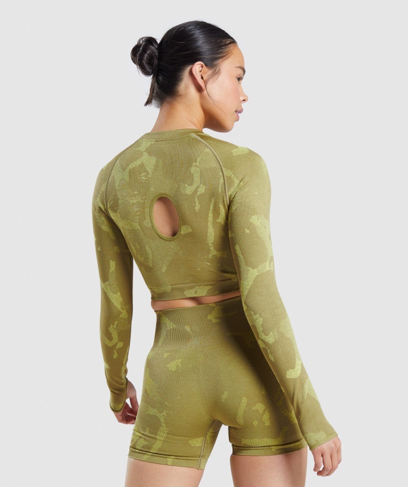 Gymshark Adapt Camo Sømløs Langermet Crop Top Savanne-griffin Green