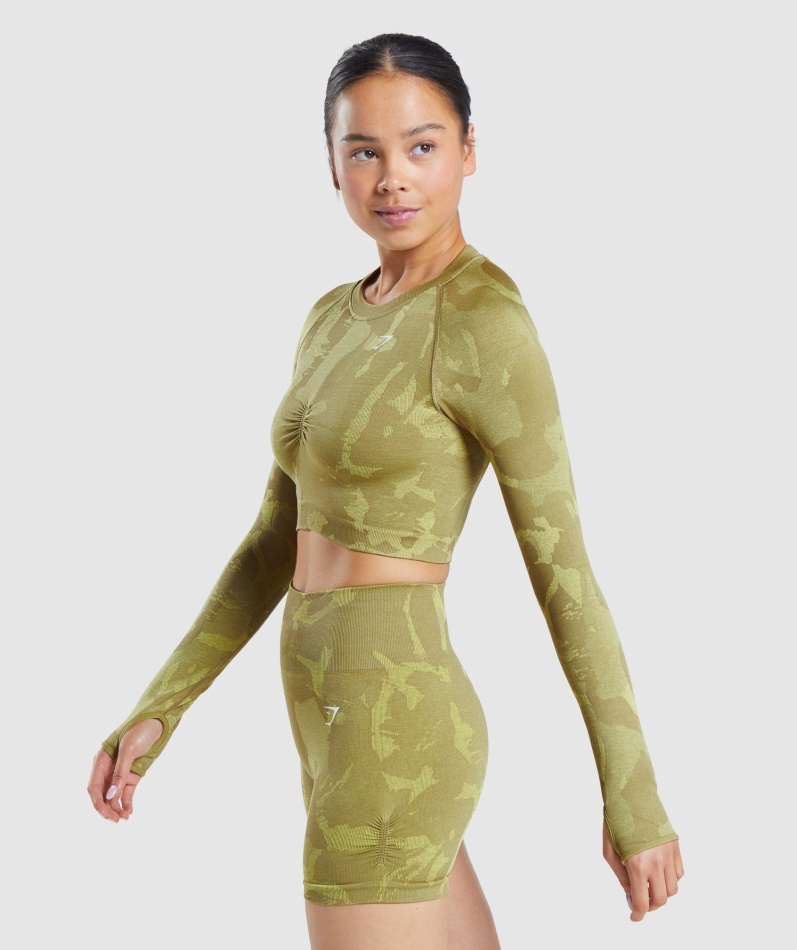 Gymshark Adapt Camo Sømløs Langermet Crop Top Savanne-griffin Green