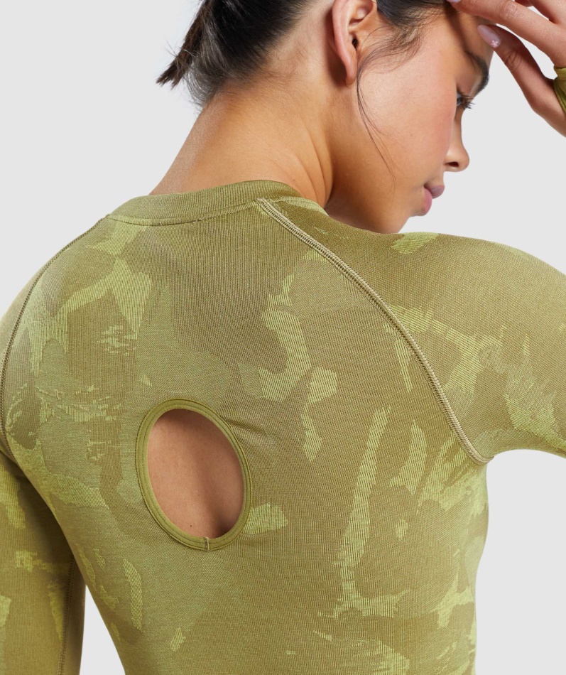 Gymshark Adapt Camo Sømløs Langermet Crop Top Savanne-griffin Green