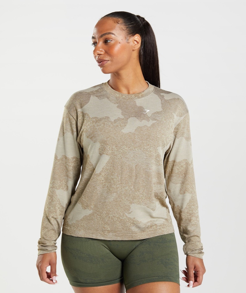 Gymshark Adapt Camo Sømløs Langermet Topp Lava-pebble Grå-soul Brown