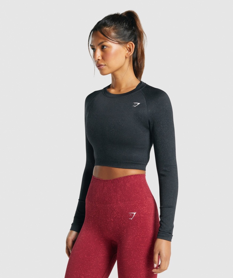 Gymshark Adapt Fleck Sømløs Langermet Crop Top Mineral-svart