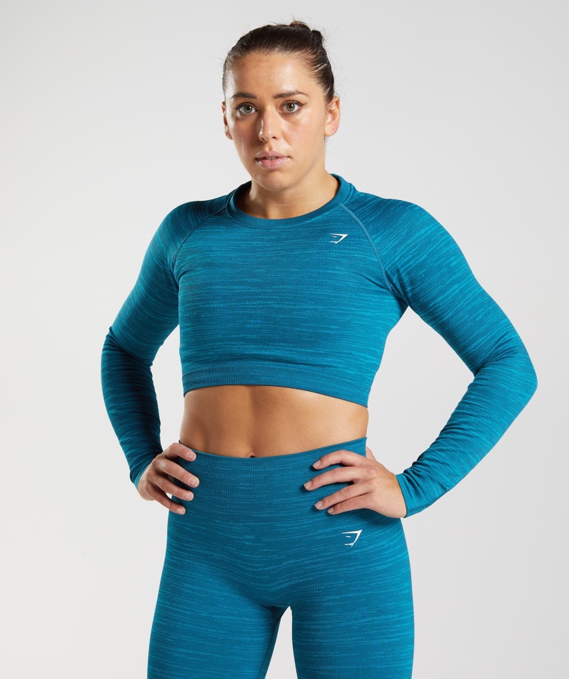 Gymshark Adapt Marl Sømløs Langermet Crop Top Vlt-atlantic Blå-hai Blå