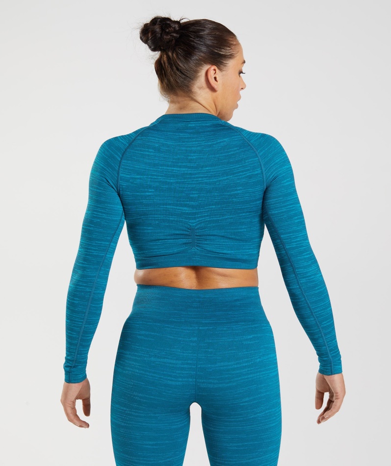 Gymshark Adapt Marl Sømløs Langermet Crop Top Vlt-atlantic Blå-hai Blå