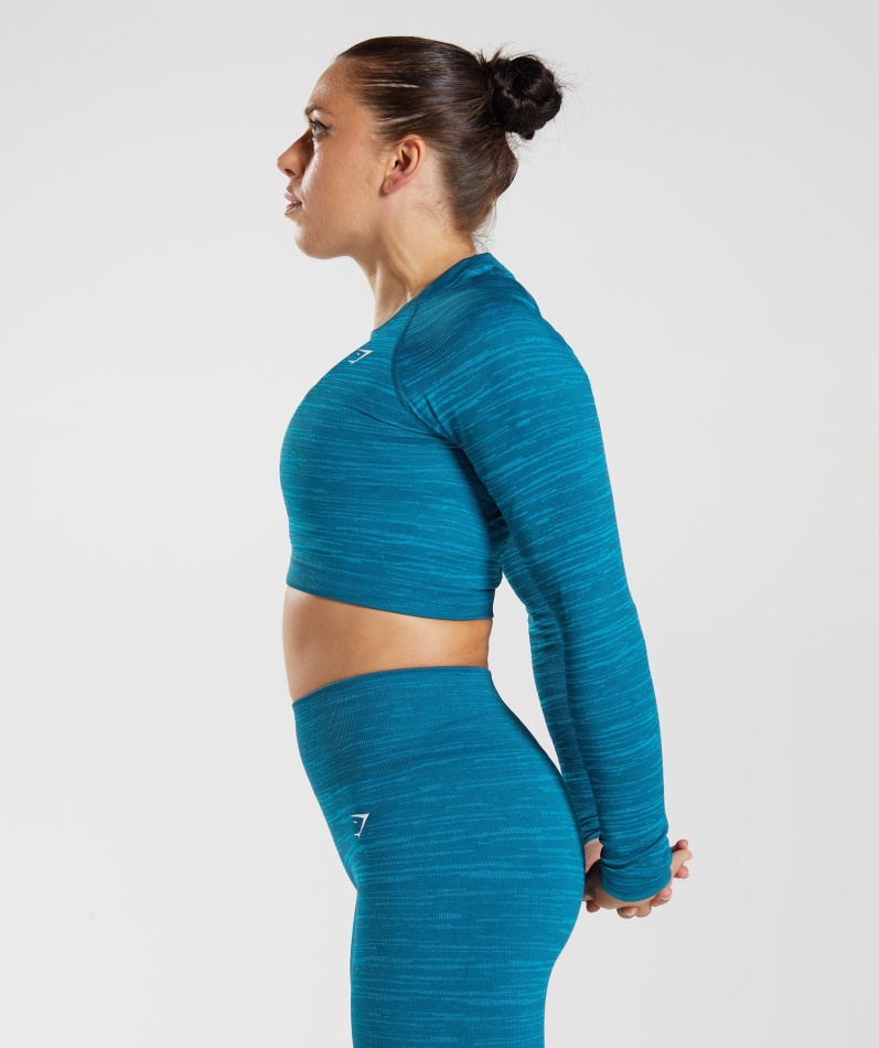 Gymshark Adapt Marl Sømløs Langermet Crop Top Vlt-atlantic Blå-hai Blå