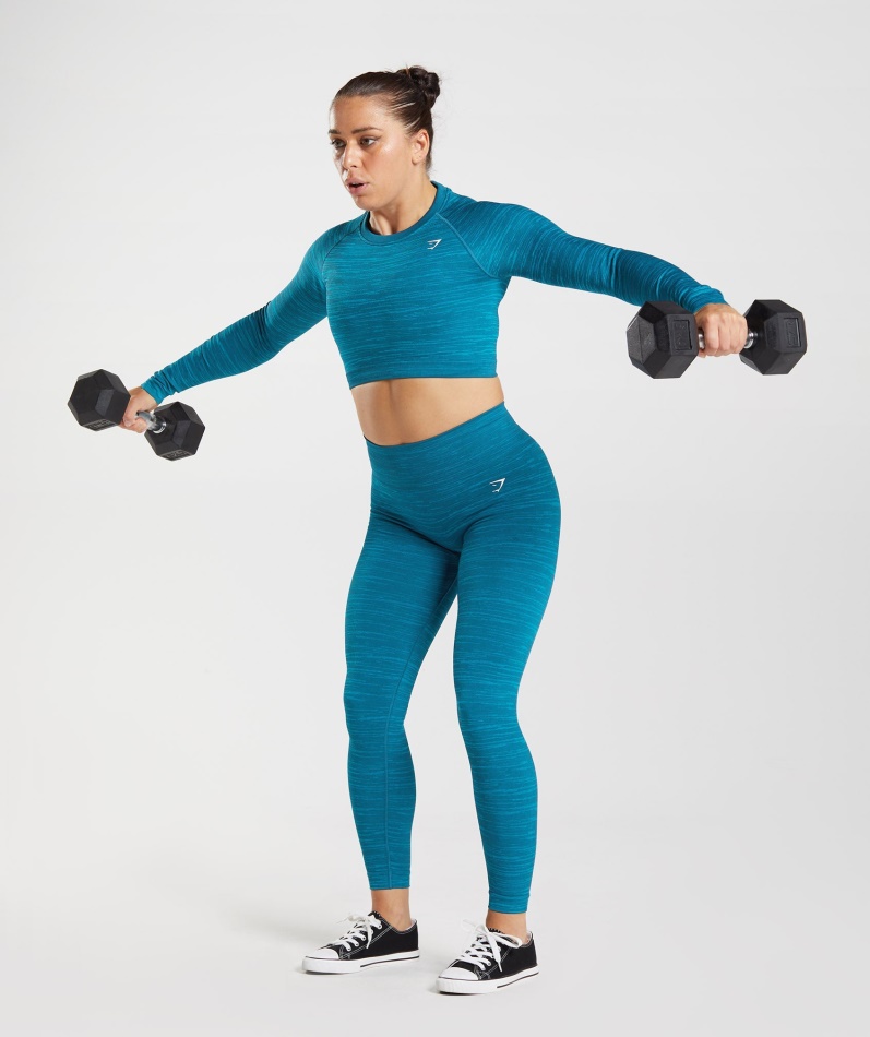 Gymshark Adapt Marl Sømløs Langermet Crop Top Vlt-atlantic Blå-hai Blå