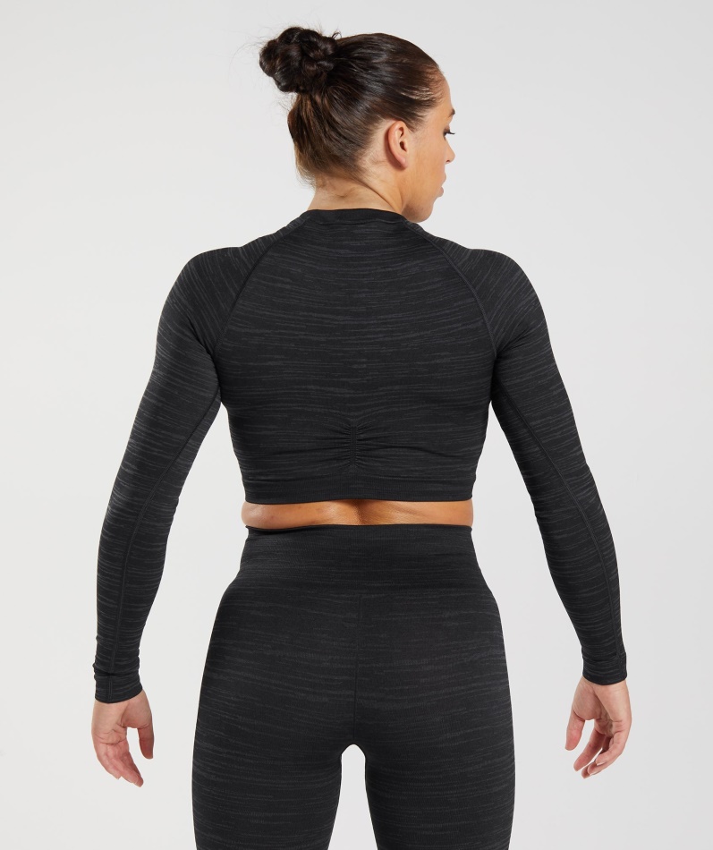 Gymshark Adapt Marl Sømløs Langermet Crop Top Vlt-svart-smokey Grå