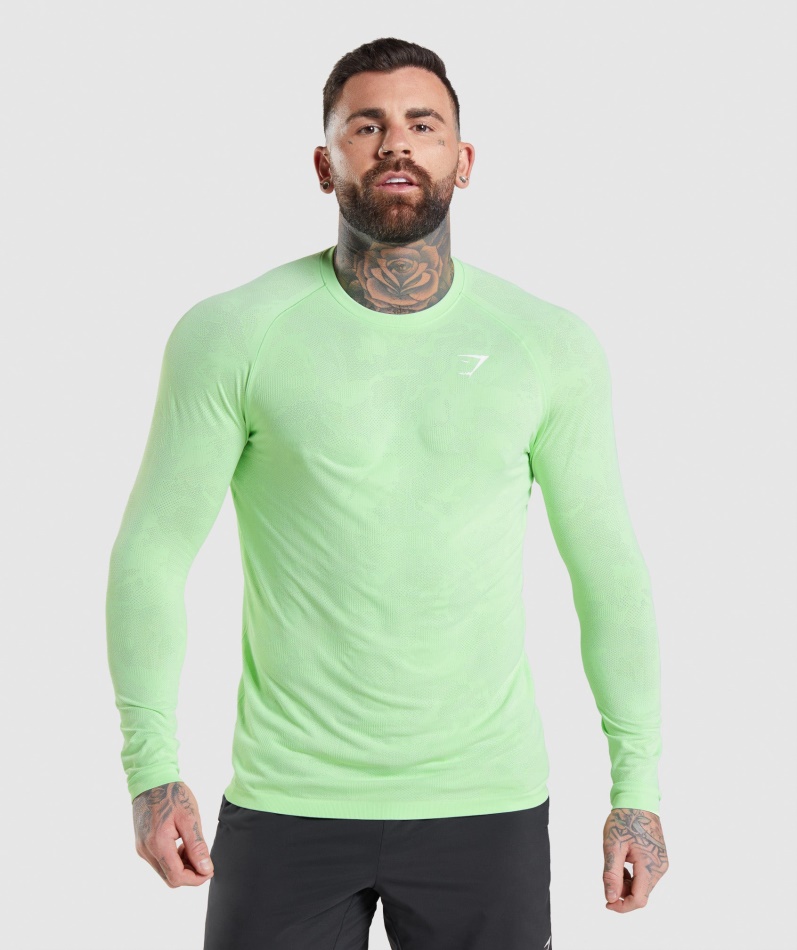 Gymshark Geo Sømløs Langermet T-skjorte Bali Grønn-hvit