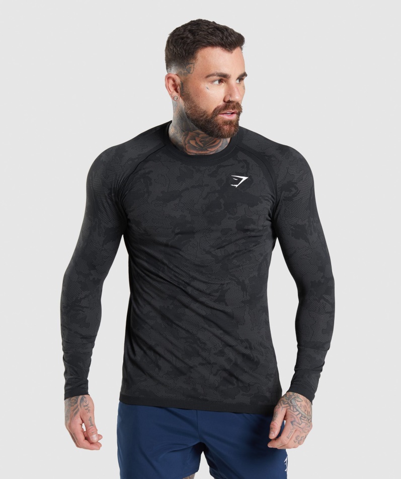 Gymshark Geo Sømløs Langermet T-skjorte Svart-kullgrå