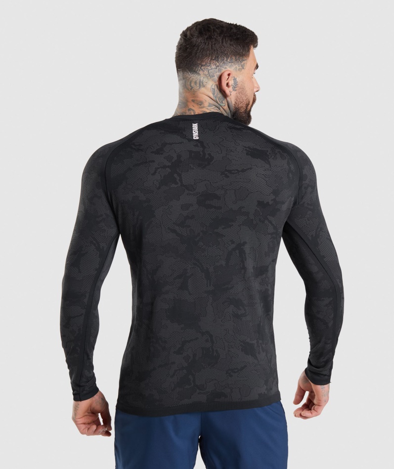 Gymshark Geo Sømløs Langermet T-skjorte Svart-kullgrå