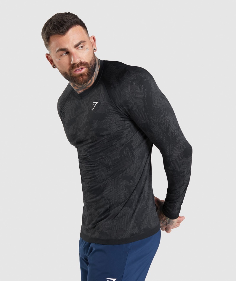 Gymshark Geo Sømløs Langermet T-skjorte Svart-kullgrå