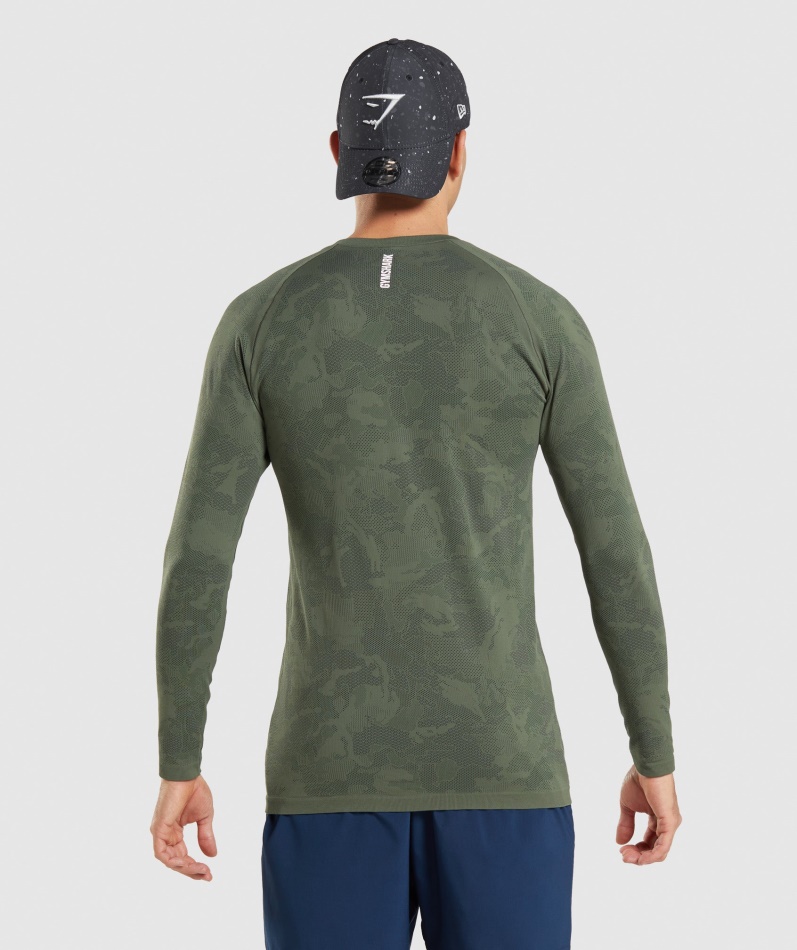 Gymshark Geo Sømløs Langermet T-skjorte Kjerne Oliven-svart
