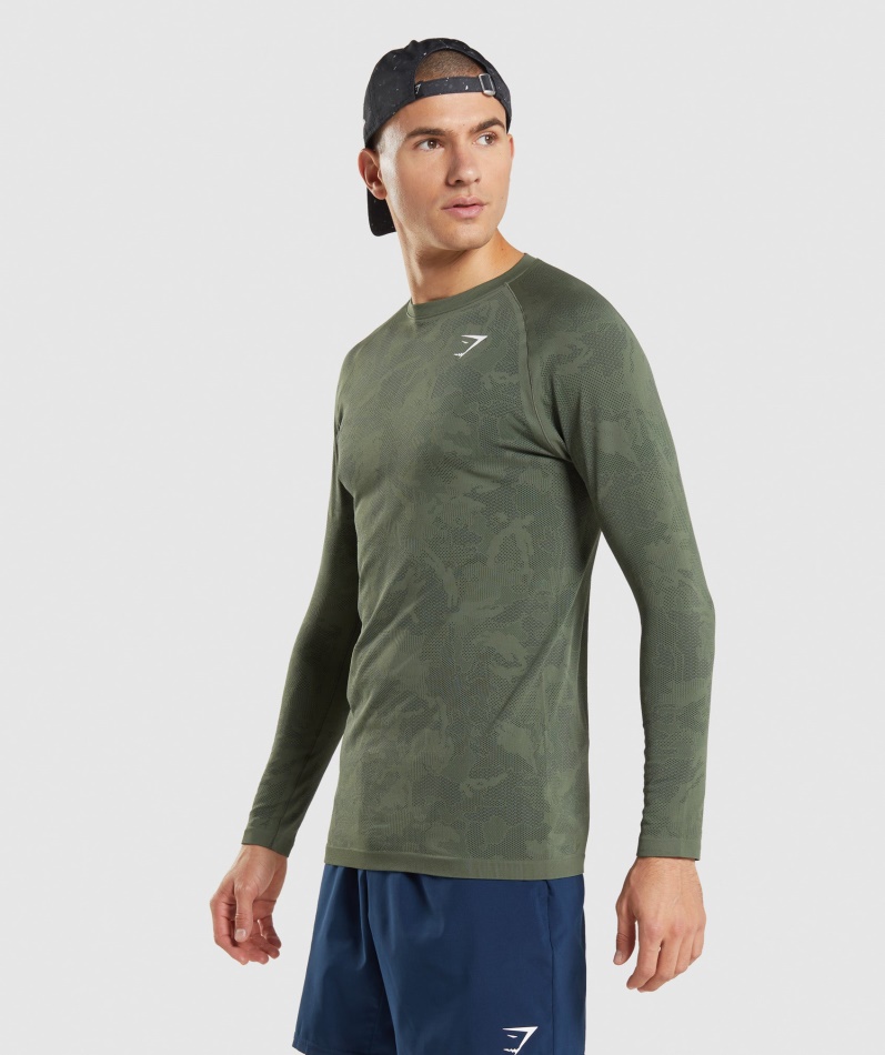 Gymshark Geo Sømløs Langermet T-skjorte Kjerne Oliven-svart