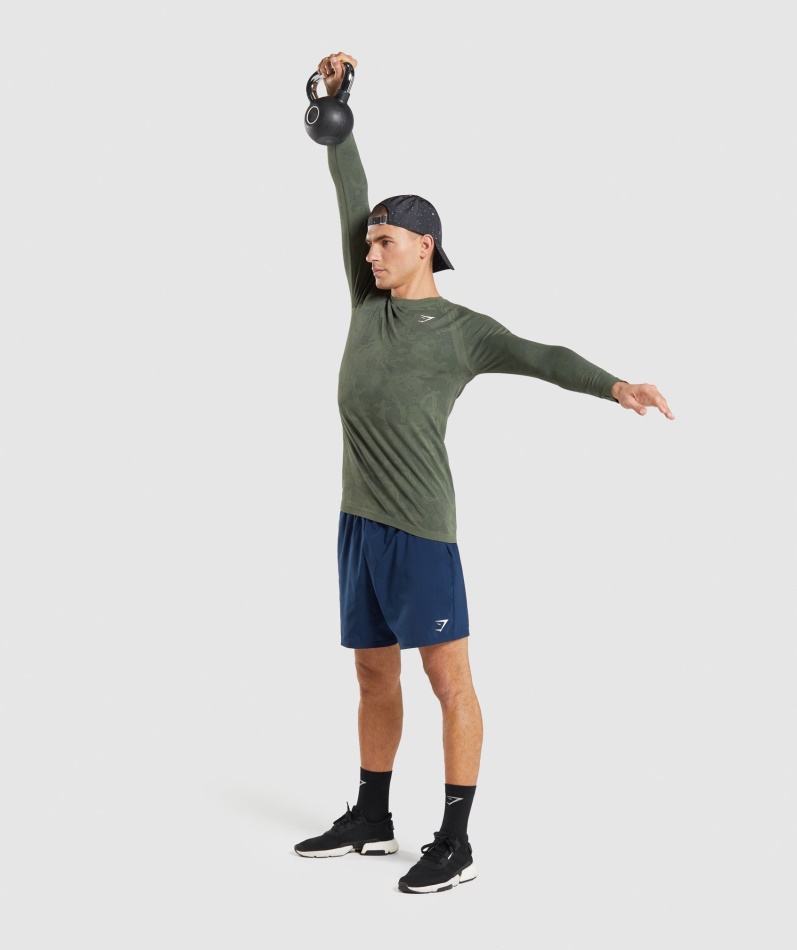 Gymshark Geo Sømløs Langermet T-skjorte Kjerne Oliven-svart
