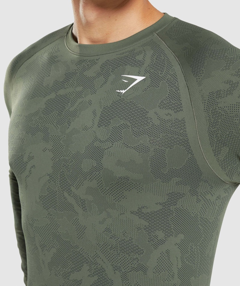 Gymshark Geo Sømløs Langermet T-skjorte Kjerne Oliven-svart