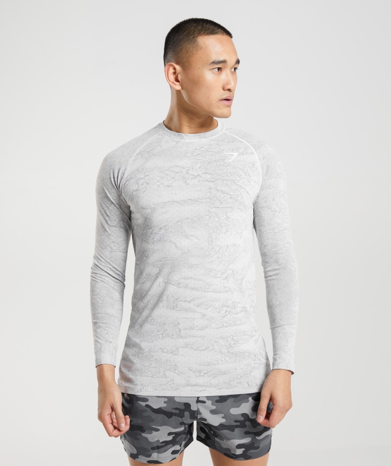 Gymshark Geo Sømløs Langermet T-skjorte Off White-lysegrå