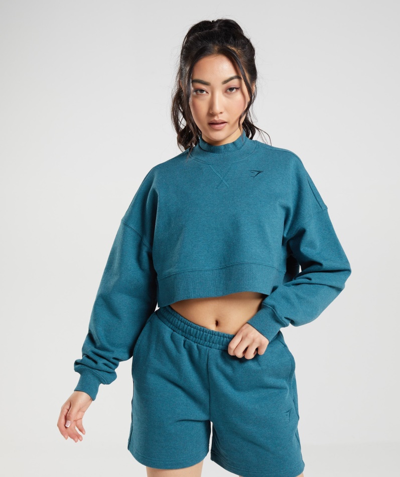 Gymshark Hviledag Svette Beskåret Pullover Stål Blå Mergel