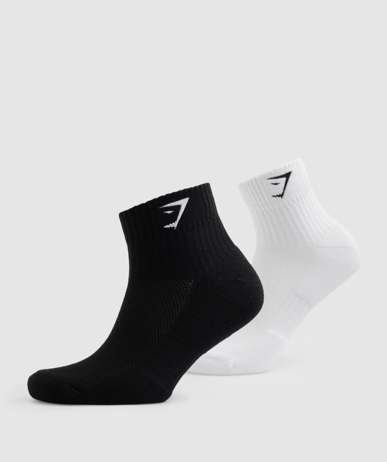 Gymshark Sharkhead Broderte Quarter Sokker 2pk Hvit-svart