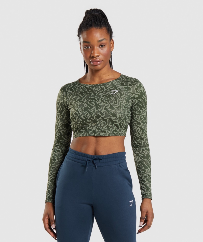 Gymshark Trening Langermet Crop Top Grønt Trykk