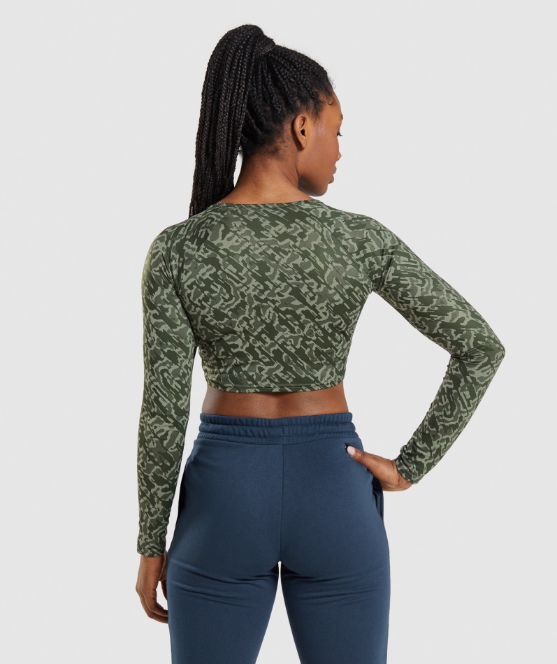 Gymshark Trening Langermet Crop Top Grønt Trykk