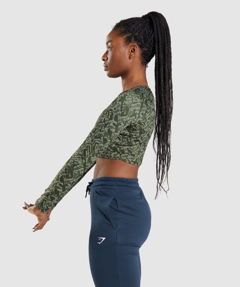Gymshark Trening Langermet Crop Top Grønt Trykk