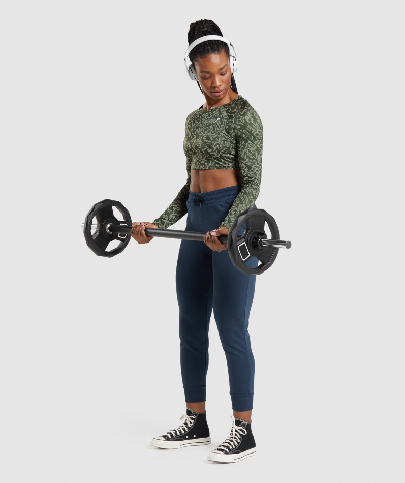 Gymshark Trening Langermet Crop Top Grønt Trykk