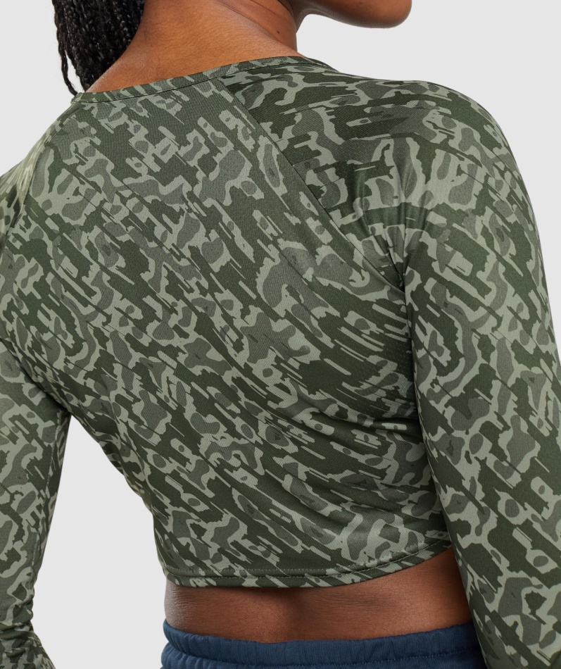 Gymshark Trening Langermet Crop Top Grønt Trykk