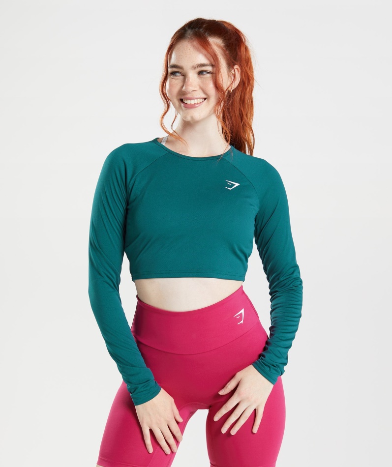 Gymhai Trening Langermet Crop Top Vinter Blågrønn