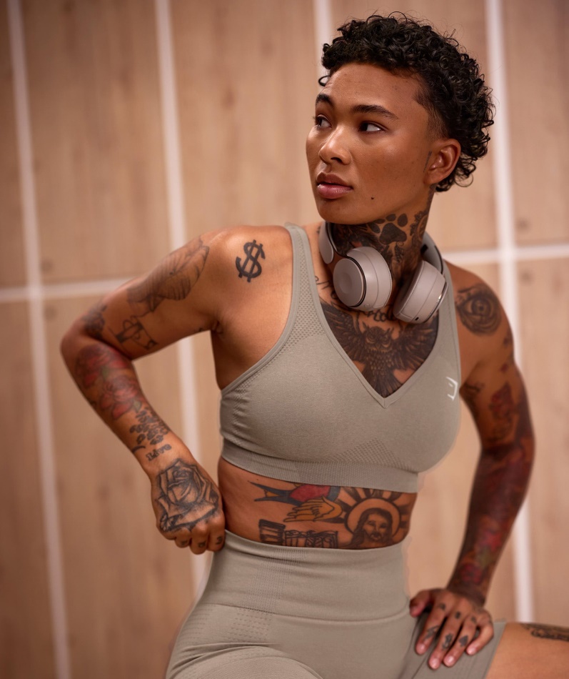 Gymshark Vital Sømløs 2.0 V-hals Sports-bh Vaniljebrun Mergel