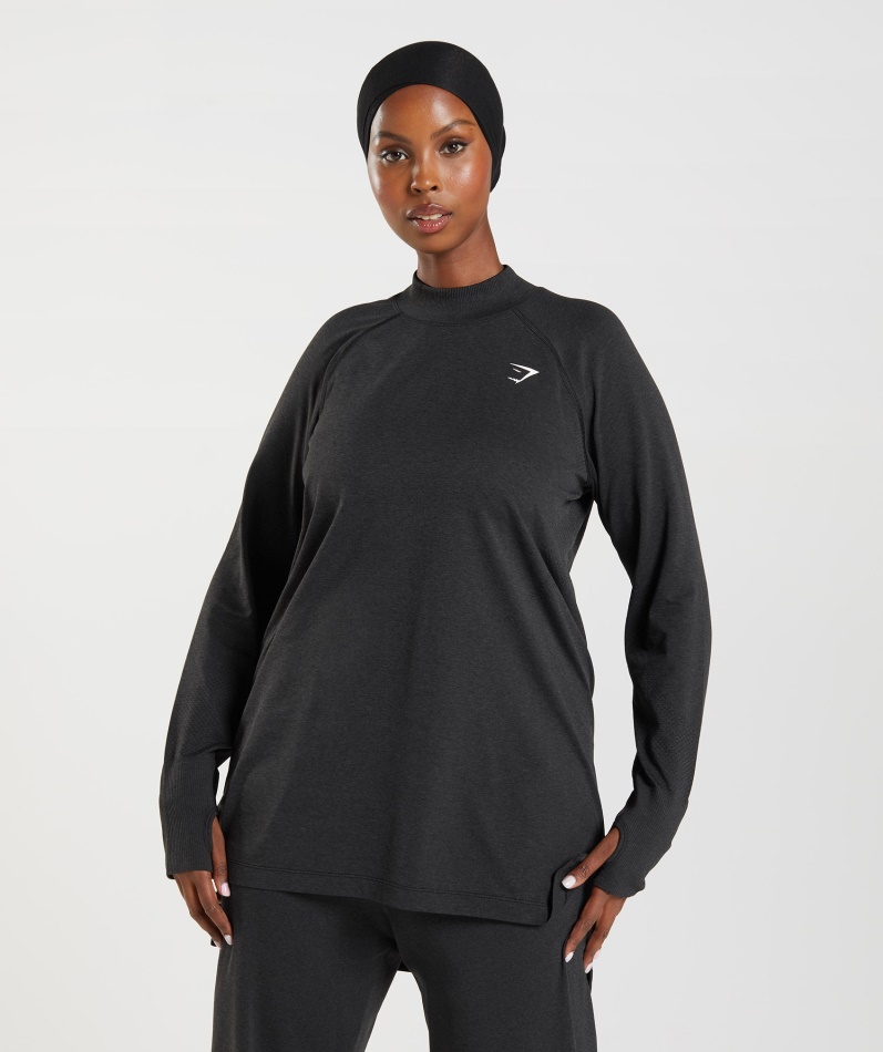 Gymshark Vital Sømløs Lang Linje Topp Svart Mergel