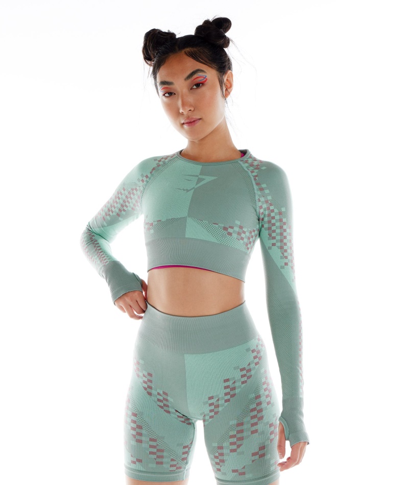 Gymshark Wtflex Cyborg Sømløs Langermet Crop Top Maya Blå-rosa-turboblå