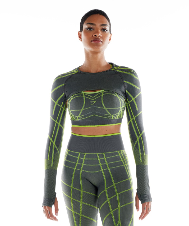 Gymshark Wtflex Lineær Sømløs Langermet Skuldertrekning Grå-fluo Grønn-lys Grå