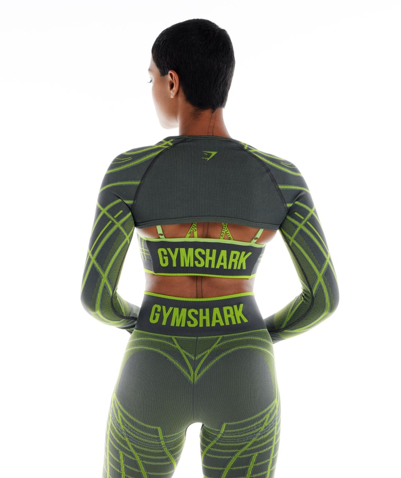 Gymshark Wtflex Lineær Sømløs Langermet Skuldertrekning Grå-fluo Grønn-lys Grå