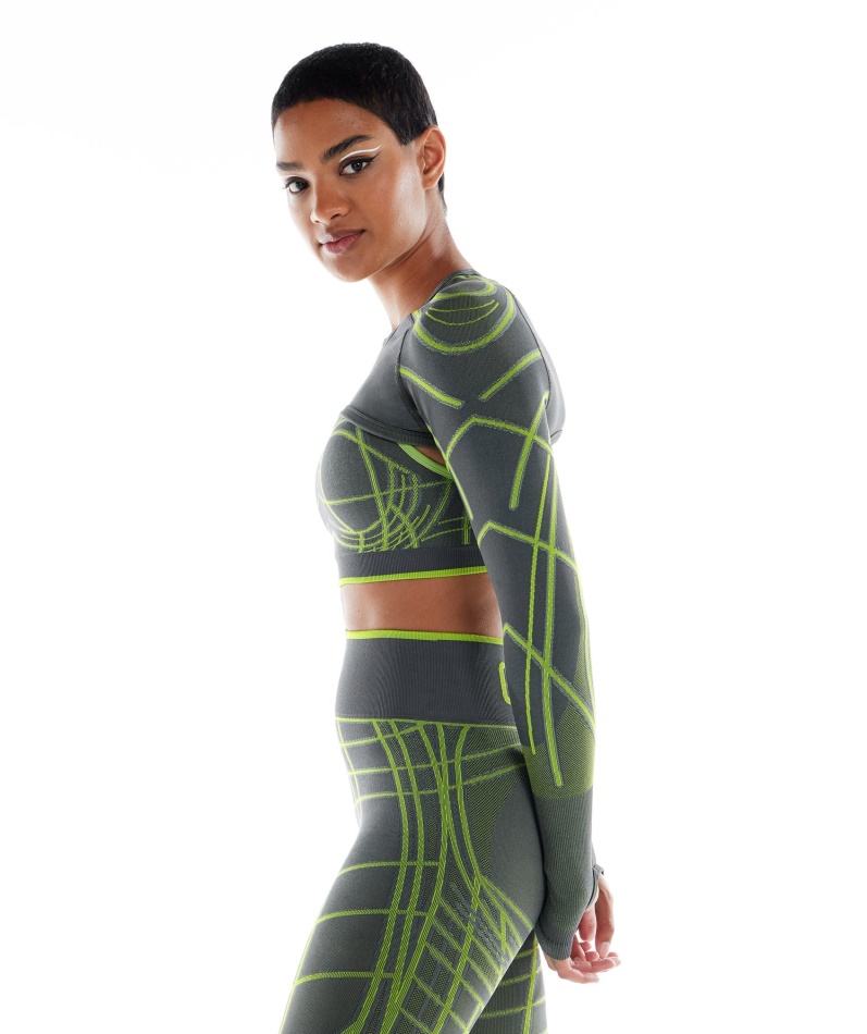 Gymshark Wtflex Lineær Sømløs Langermet Skuldertrekning Grå-fluo Grønn-lys Grå