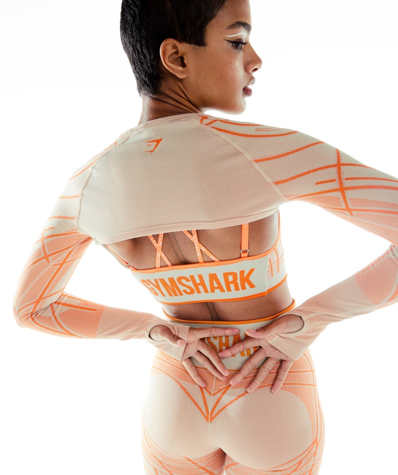 Gymshark Wtflex Lineær Sømløs Langermet Skuldertrekk Rullestein Grå-oransje-hvit